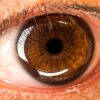 Detailed close-up image of a brown human eye showcasing iris texture.