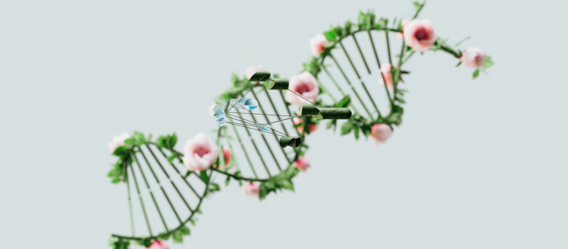 A conceptual representation of a DNA helix adorned with pink flowers and green leaves.