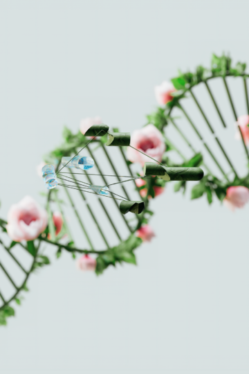 A conceptual representation of a DNA helix adorned with pink flowers and green leaves.