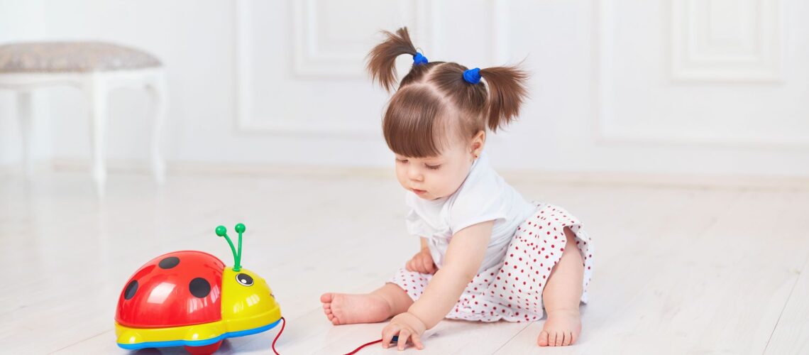 Cute toddler sits on the floor playing with a colorful toy ladybug.