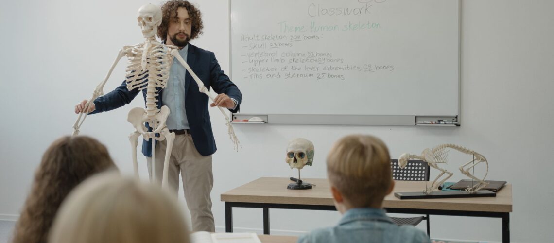 Teacher explaining human skeleton to students in a biology class with models.