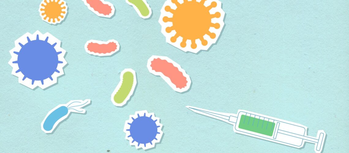Paper cutout types of various contagious viruses and syringe with medical remedy for preventing spreading of disease on blue background