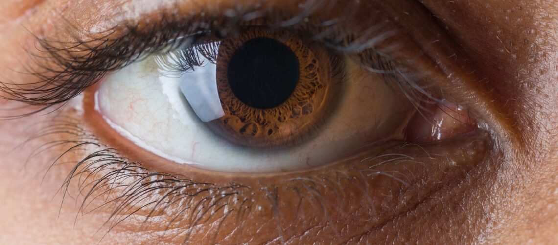 Macro shot of a human brown eye emphasizing the intricate iris details, eyelashes, and skin texture.