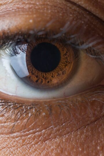 Macro shot of a human brown eye emphasizing the intricate iris details, eyelashes, and skin texture.