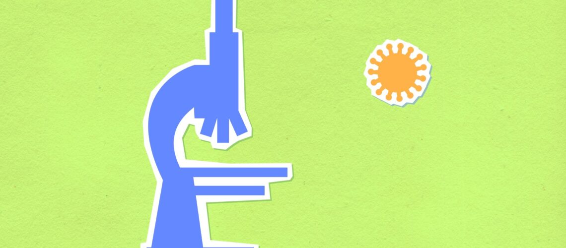 Creative design of cutout paper composition representing laboratory microscope and orange virus on bright background