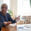 Elderly man sitting at a table at home, holding a glass of water and medication, emphasizing healthcare routine.