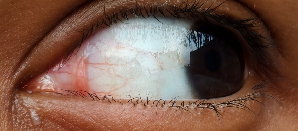 Detailed view of a human eye highlighting red conjunctiva and rich texture.