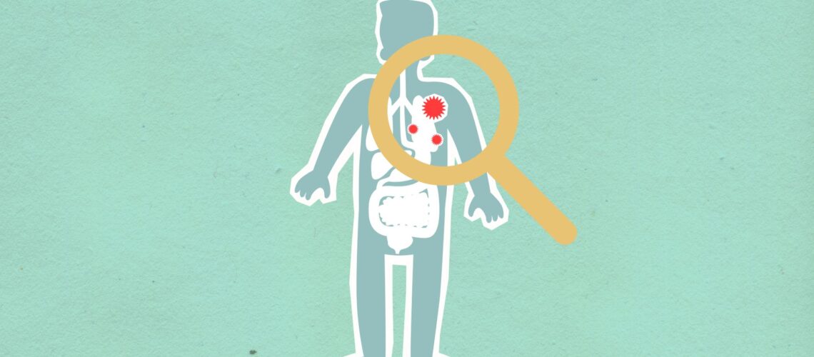 Paper cutout of man under magnifying glass with red viruses spreading on internal organs on green background during disease propagation