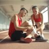 Side view of athlete sitting on rubber track in sports hall while sportive female partner helping to band leg after injury