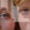 Close-up of blue eyes with artistic double exposure effect, conveying emotion and depth.