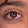 Detailed close-up image of a human eye with brown iris and natural eyebrow.