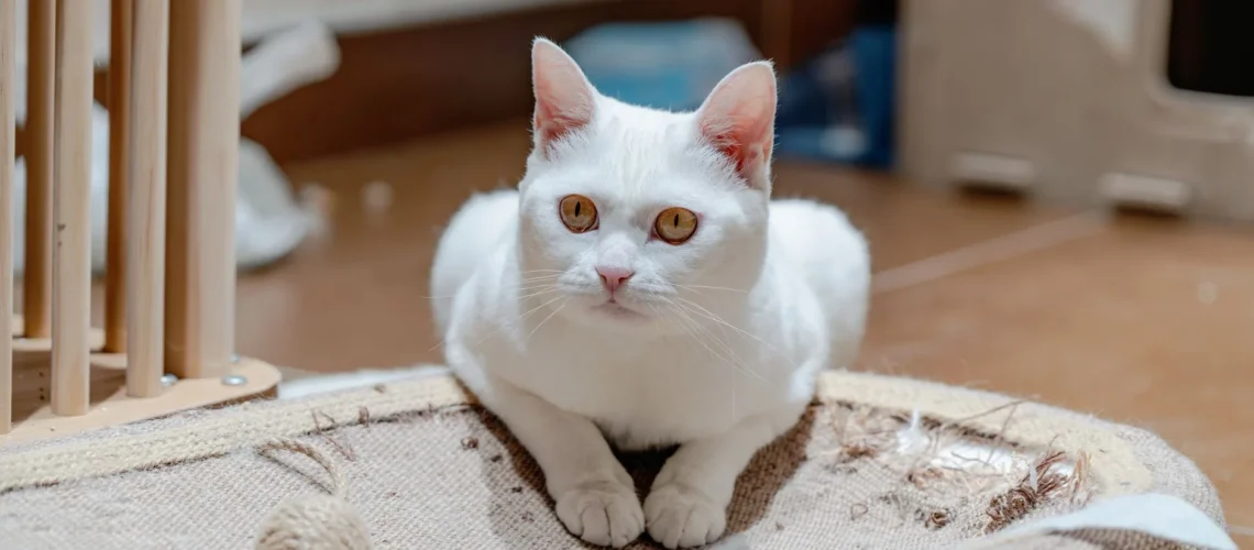 Chat blanc serein aux yeux ambrés reposant sur un griffoir à l'intérieur, alliant calme et élégance.