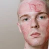 Gros plan d'un homme portant un masque de soin rouge pour la peau, mettant l'accent sur une peau saine et les soins personnels.