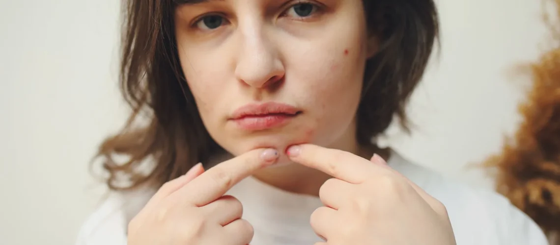 Gros plan sur une femme acnéique touchant son visage, illustrant les préoccupations liées aux soins de la peau.