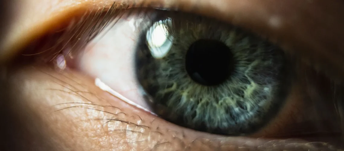 Macrophotographie d'un œil humain montrant les détails de l'iris