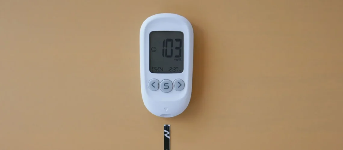 Glucomètre numérique affichant le taux de sucre dans le sang sur une surface marron
