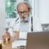 Médecin âgé en blouse blanche réalisant une consultation médicale en ligne, attentif.