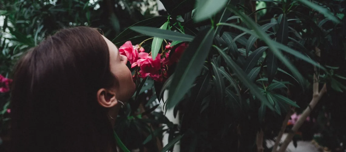 Femme sentant des fleurs roses éclatantes au milieu d'une verdure luxuriante dans un jardin.