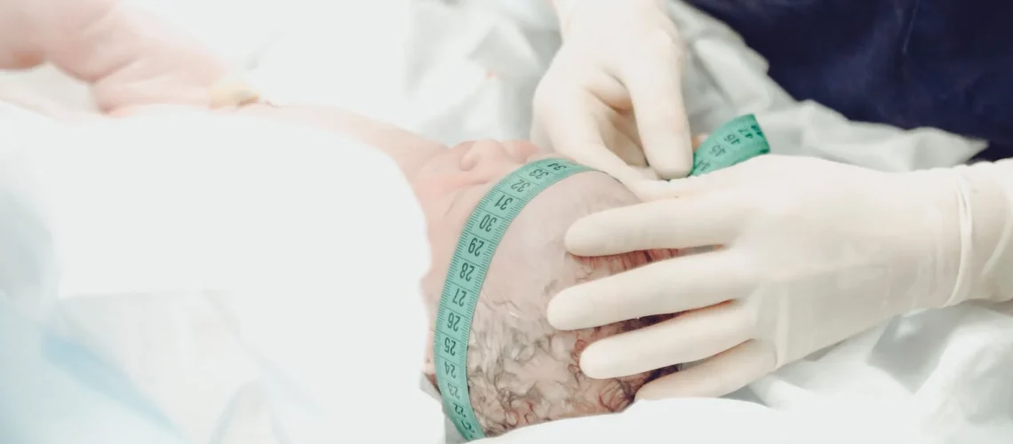 Professionnel de santé mesurant le périmètre crânien d'un nouveau-né à l'hôpital.