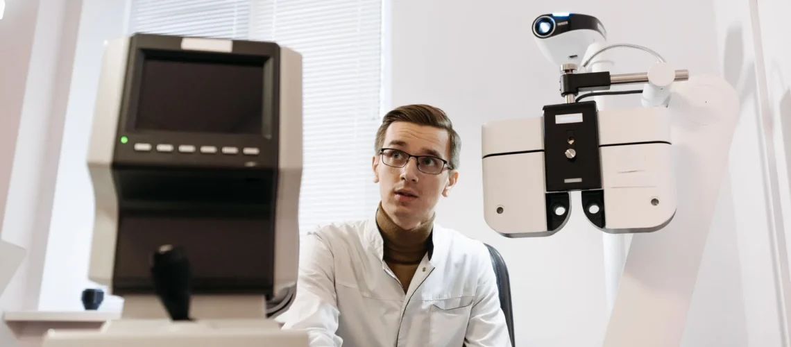 Opticien en clinique réalisant un examen oculaire avec un équipement de test avancé