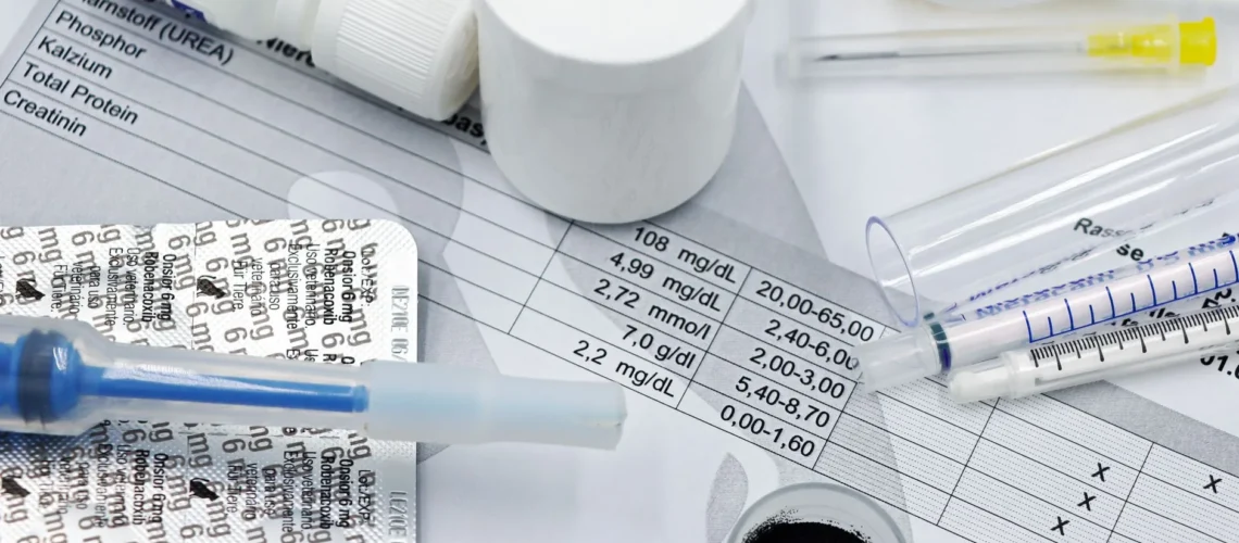 Matériel vétérinaire comme seringues et médicaments sur des résultats d'analyses sanguines.