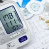 Gros plan d'un tensiomètre numérique avec tracé ECG, comprimés et outils médicaux.