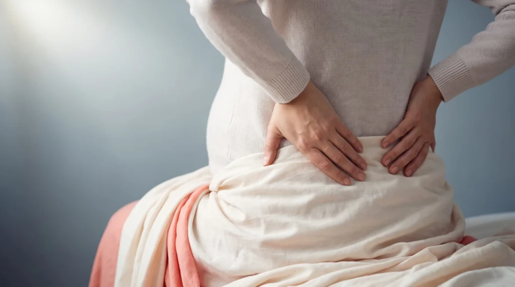 Femme enceinte de dos, mains posées sur son bas du dos, illustrant les douleurs de grossesse.