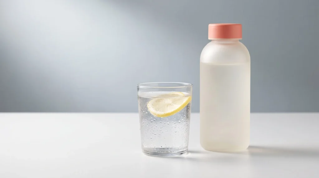 Verre d'eau pétillante avec tranche de citron et bouteille d'eau sur une surface blanche.