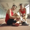 Vue de profil d'un athlète assis sur une piste en caoutchouc en salle, sa partenaire sportive l'aidant à bander sa jambe après une blessure